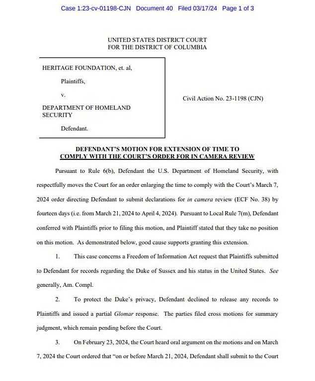 The Heritage Foundation is suing the Department of Homeland Security to release details of Harry's immigration status.  On Sunday, DHS attorneys asked for more time to comply with a judge's order to provide more information about why he wouldn't release the documents.