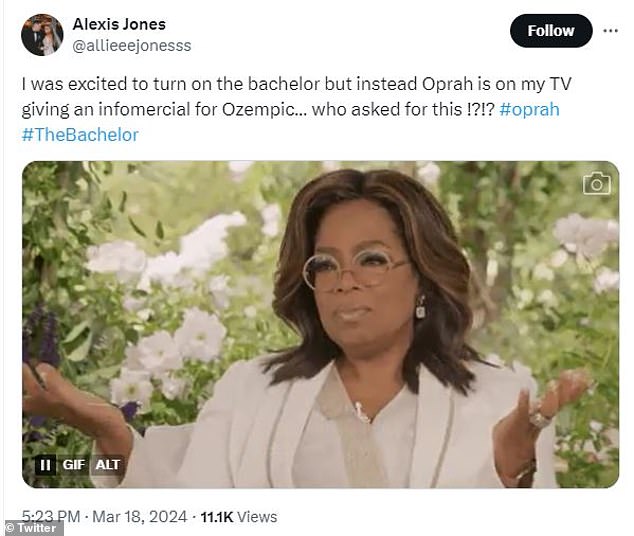 @allieeejonesss said, “I was excited to turn on The Bachelor but instead Oprah is on my TV doing an infomercial for Ozempic…who asked for this!?!?”