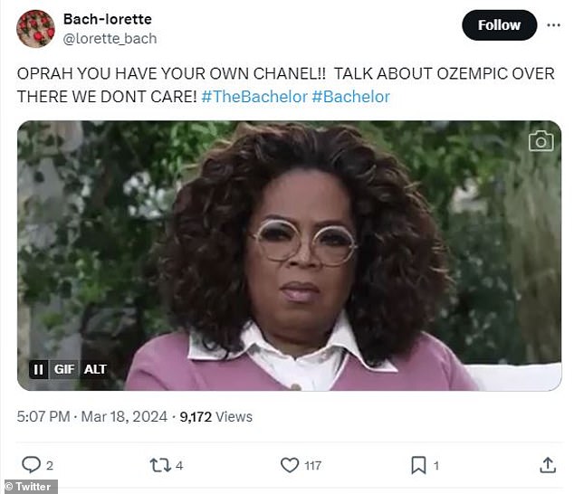 @lorette_bach said in all caps: “OPRAH YOU HAVE YOUR OWN CHANNEL!!  Talk about OZEMPIC there, we don't care!  #TheBachelor #Bachelor'