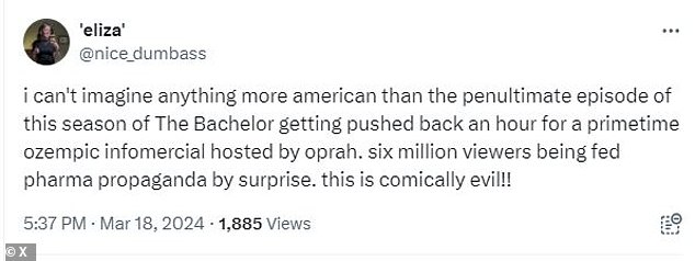 @nice_dumb*ss said: “I can't imagine anything more American than this season's penultimate episode of The Bachelor being pushed back an hour for a primetime ozempic infomercial hosted by Oprah.  six million viewers are surprised with pharmaceutical propaganda.  this is comically bad!!”