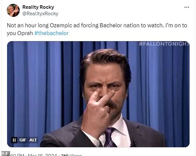 @RealityxRocky added, “Not even an hour of Ozempic ad forcing Bachelor nation to watch.  I got you, Oprah #thebachelor