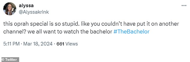 @Alyssakrink said, “This Oprah special is so stupid.  like you couldn't have put it on a different channel?  we all want to see the bachelor #TheBachelor