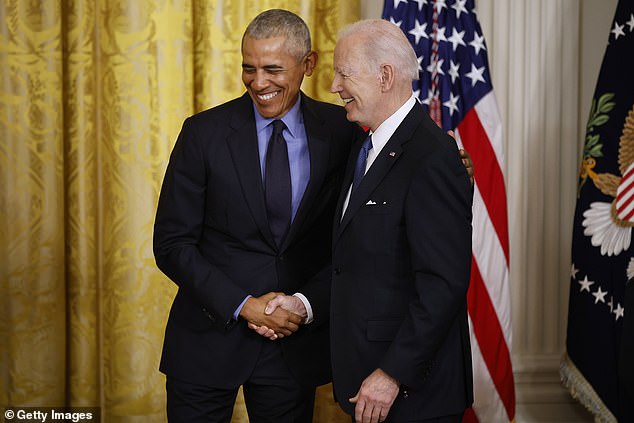 Obama and Biden at the White House in April 2022 for an event celebrating the passage of the Affordable Care Act