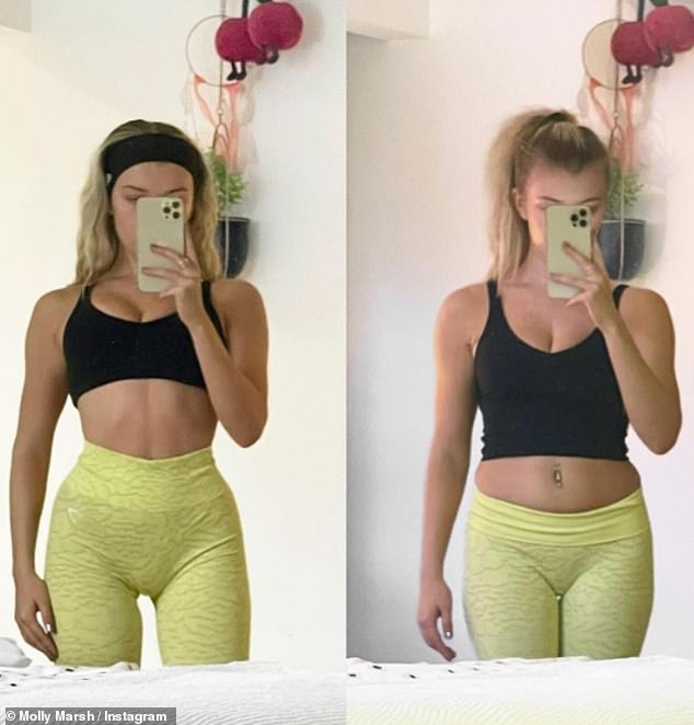 Wearing high-waisted yellow leggings, the star showed off how different poses transform her body as she reminded her followers to 'not fool around'