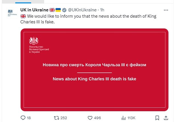 The British Embassy of Ukraine also issued an official statement confirming that King Charles III is still alive, after Russian media claimed he had died