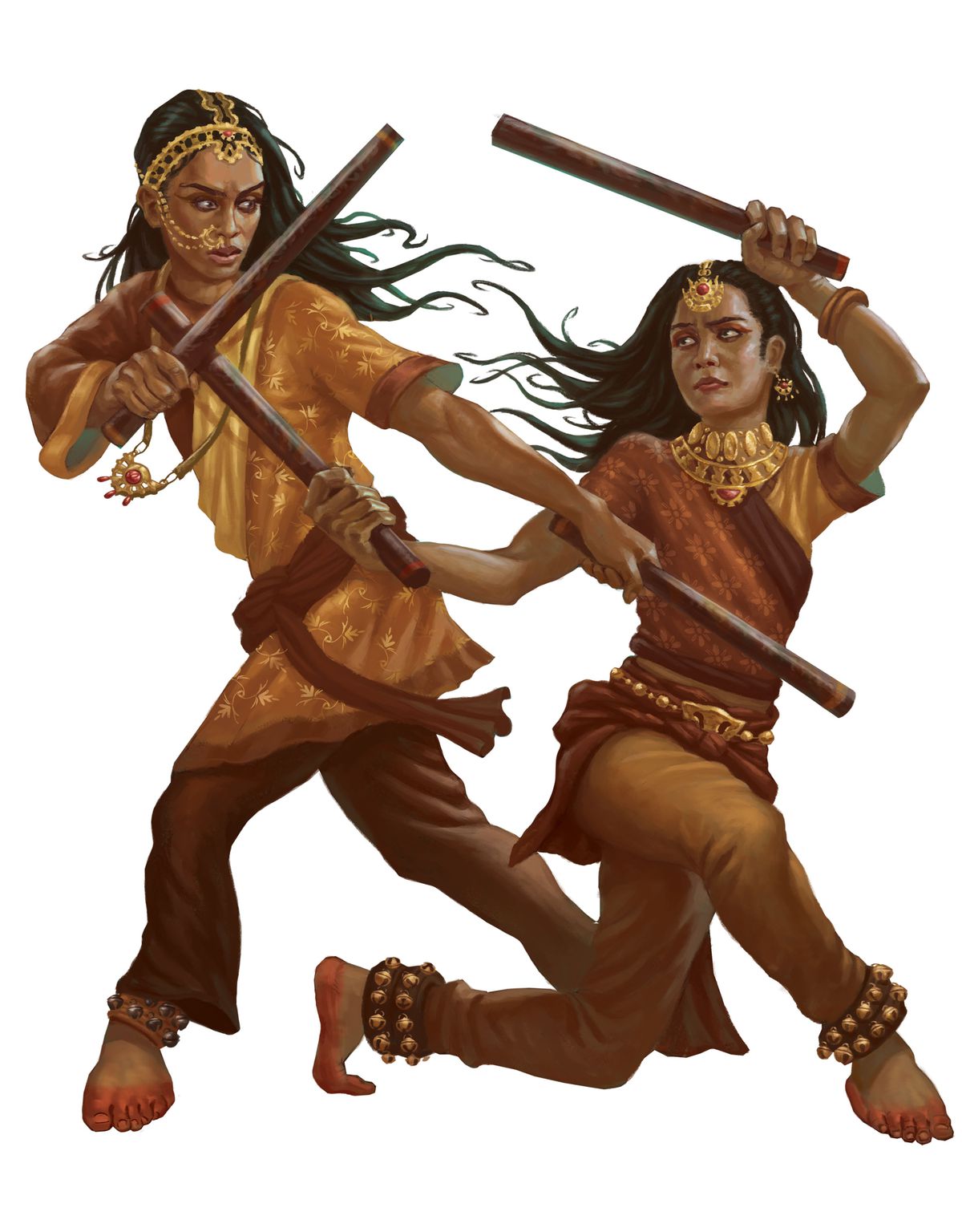 Two women of East Asian descent battle it out with herringbone-looking sticks.  Their clothing has orange tones and their feet are colored by what appears to be red dust or dye.