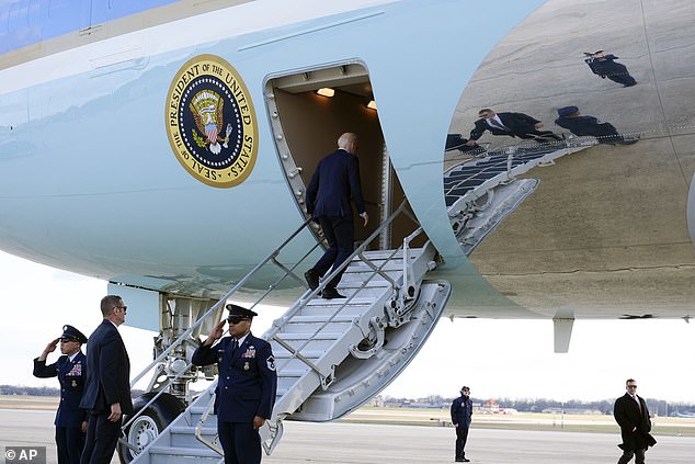 The president climbs the small stairs of Air Force One before flying west to campaign