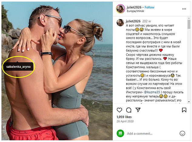 Koltsov's ex-wife Julija previously appeared to accuse Sabalenka of involvement in the breakdown of her marriage, sharing a photo of her and the ice hockey star together