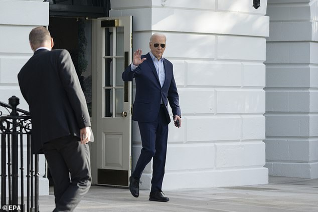 US President Joe Biden (R) waves as he leaves the White House in Washington, DC, USA, March 19, 2024