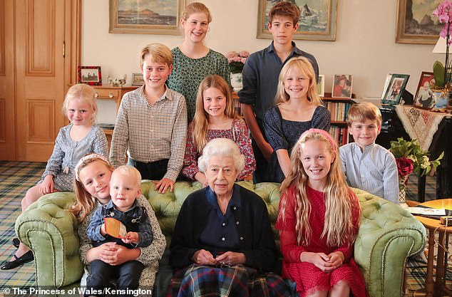 This portrait of the late Queen with her grandchildren and great-grandchildren – taken by Kate in August 2022 at Balmoral – has been given the same branding by Getty