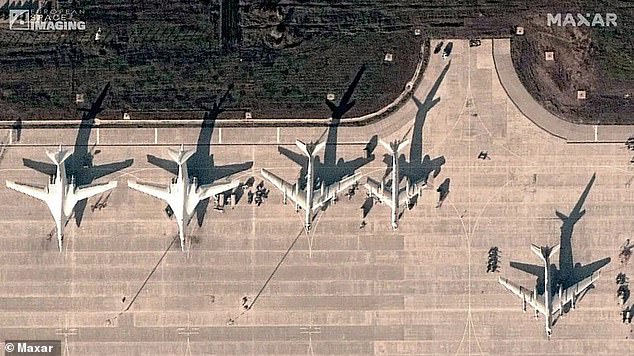 FILE PHOTO: Satellite photo from Maxar Technologies shows several Tu-160 and Tu-95 strategic bombers at Engels airfield