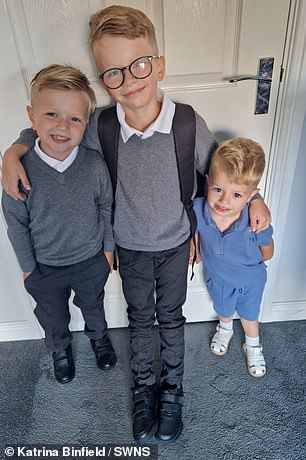 Mrs Binfield broke the devastating news last week to their children, Louie, eight (centre), Karson, five (left) and Arlo two (right).