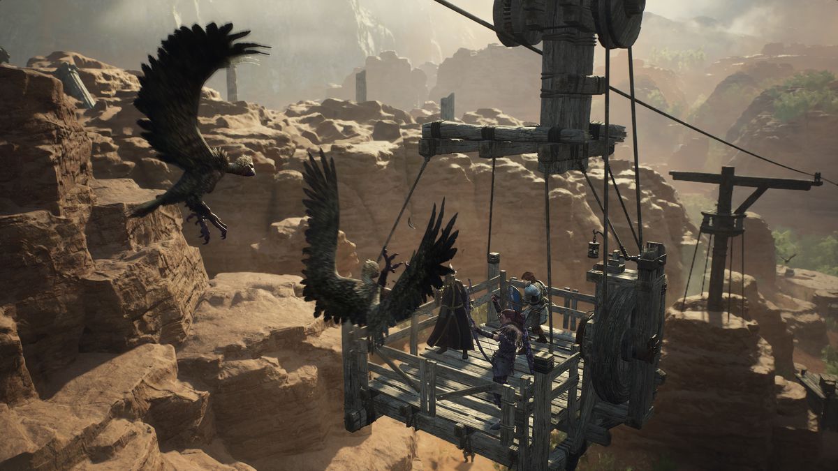 A pair of harpies attack an Arisen and their pawns on a cable car in a screenshot from Dragon's Dogma 2