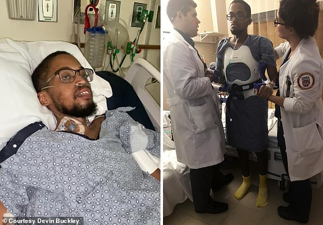 Devin Buckley, 24, was an average 18-year-old when he started experiencing fatigue, weight loss and shortness of breath.  At one point he had to be put on a ventilator for two weeks.  Mr Buckley told NBC News: 'The ventilator was on at 100% at one point.  It breathed for me.  They said to my mother: prepare yourself that I am not here'