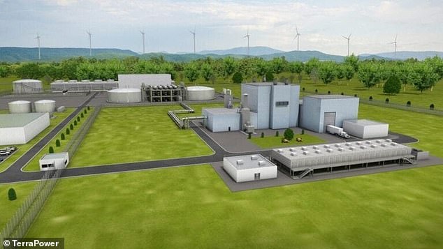 Another concept image of TerraPower's proposed nuclear power plant.  The large storage tanks are involved in the sodium cooling hardware.