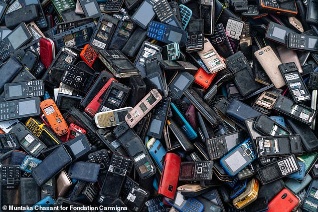 Mobile phones and other telecommunications equipment represent 4.6 million tons of the world's e-waste.  This image shows phones collected for informal recycling in Ghana