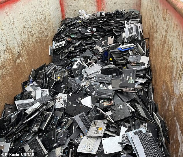 E-waste like these discarded laptops in a German recycling center contained an estimated £90 billion (£71 billion) of metals in 2022