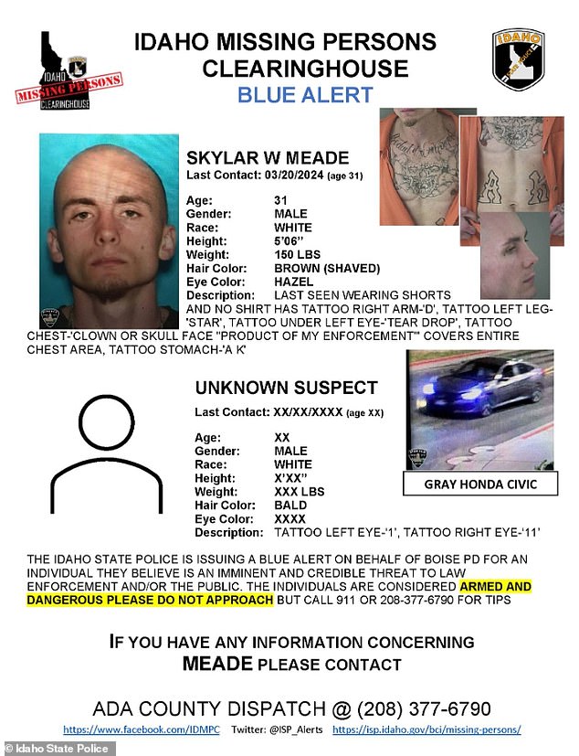 The search continues for Meade and the accomplice, who is believed to have left the area in a gray sedan with Idaho license plates.