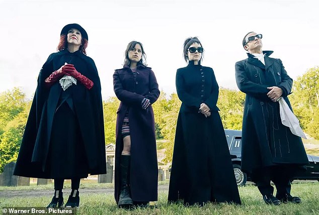 Another image shows Winona Ryder and Catherine O'Hara reunited as Lydia Deetz and mother Delia, along with Jenna Ortega as Lydia's daughter Astrid Deetz and Justin Theroux as the mysterious new character Rory