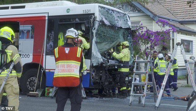 A bus at the scene of the accident suffered heavy damage in the collision (photo)