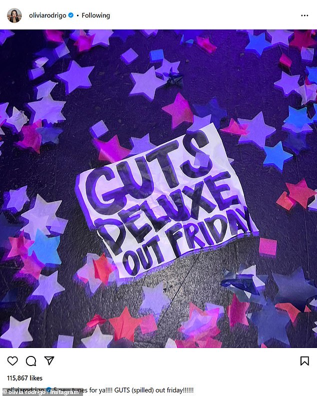 On Thursday Rodrigo teased '5 new songs for you!!!!  GUTS (spilled) Friday!!!!!!'