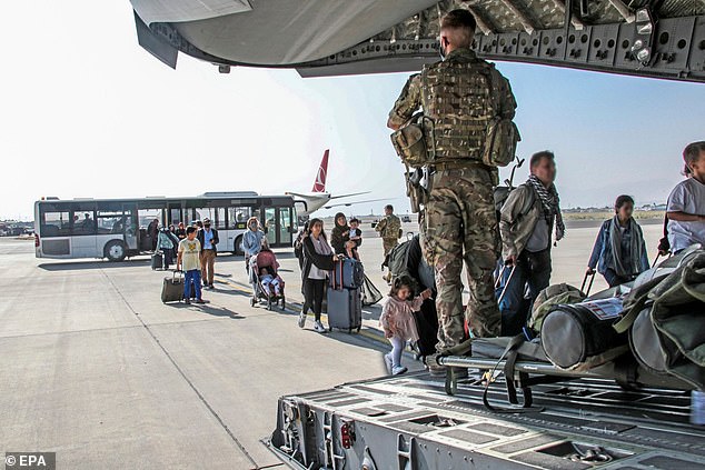 British nationals and dual nationals boarded a military plane at Kabul airport, Afghanistan