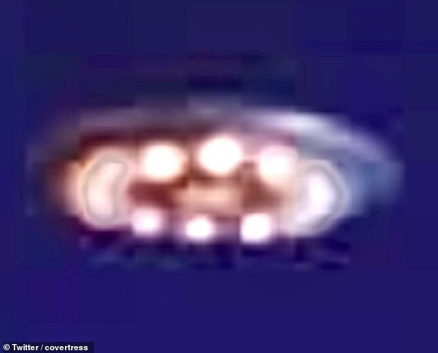 One image shows a saucer-shaped craft with glowing lights encircling its base