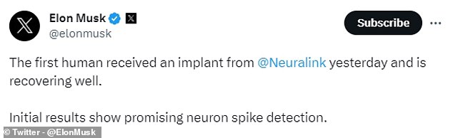 At X, Musk announced that the first Neuralink patient recovered well and that the first tests were promising