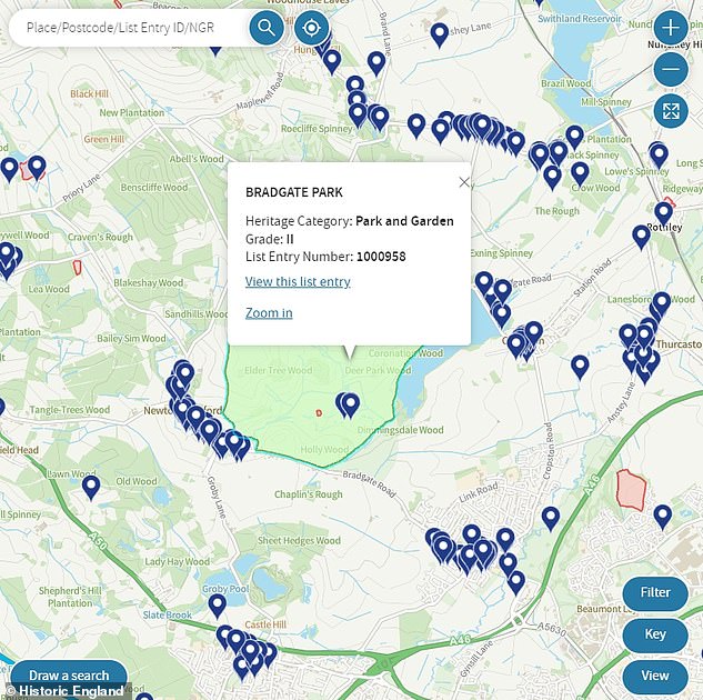 In the same way that historic buildings are categorised, England's parks and gardens are classified as I, II* and II.  The map shows Bradgate Park in Leicestershire