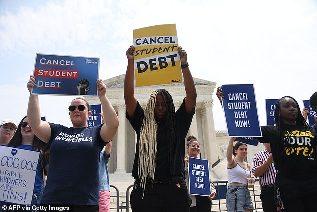 Supporters of student debt forgiveness demonstrate outside the U.S. Supreme Court building in Washington, DC, on June 30, 2023, as the justices rejected Biden's proposal for sweeping forgiveness