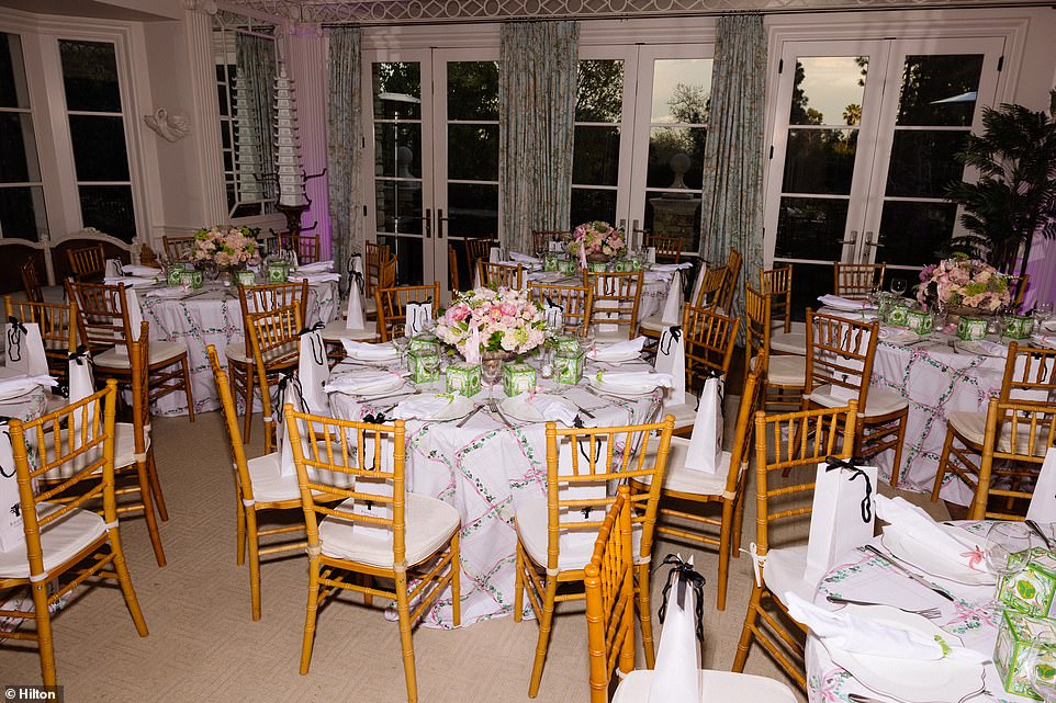 Banquet tables and chairs were set up in the banquet hall