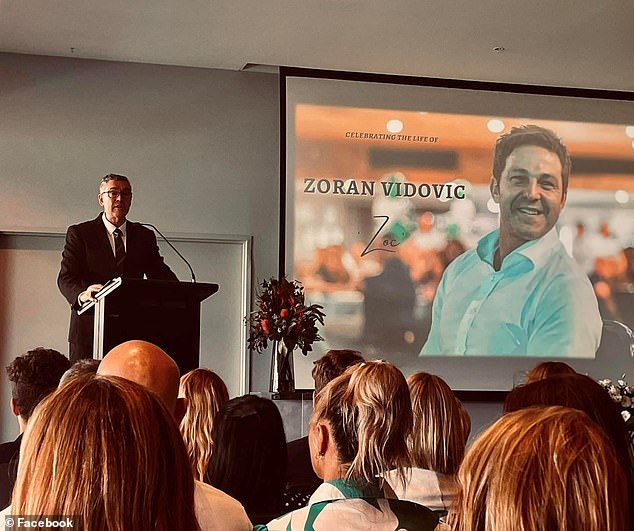 Zagi Kozarov said she was forbidden to even attend the memorial service (pictured) for Zoran Vidovic, which saw hundreds of mourners pack the social area of ​​the GHMBA Stadium