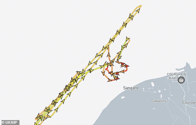 The boat was launched yesterday from Sangatte beach, near Calais in northern France.  Pictured: Tracker shows French patrol vessel changing course to intercept boat off Sangatte coast