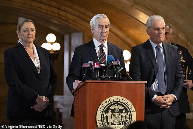 Law & Order has been renewed for season 24 (pictured Camryn Manheim as Lt. Kate Dixon, Sam Waterston as District Attorney Jack McCoy, Bruce Altman as Mayor Payne)