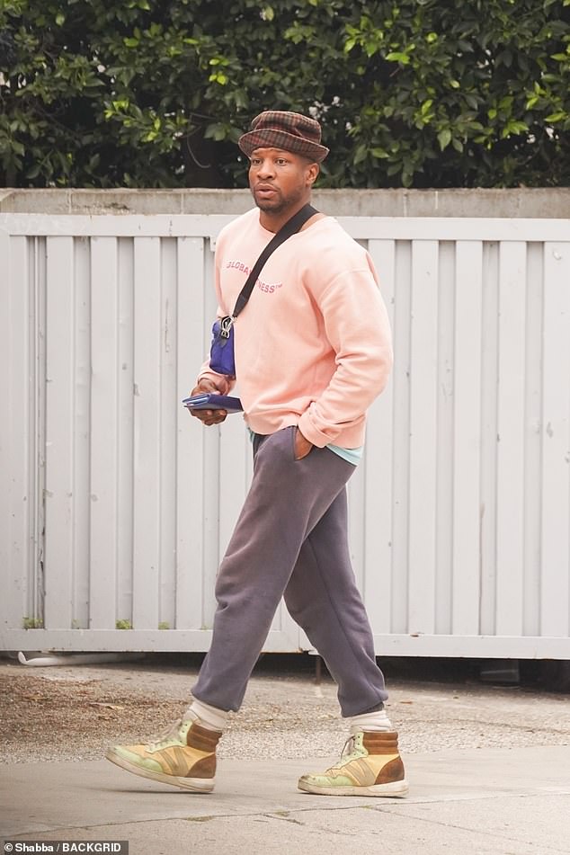 The actor, 34, was spotted in Los Angeles wearing a salmon pink sweatshirt, gray sweater, distressed high-top sneakers and a fashionable plaid hat on his head.