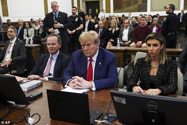 Trump in court for the fraud trial in New York.  In February, Save America PAC spent nearly $5.6 million on legal fees and attorney Alina Habba (right) still owed more than half a million campaign finance records.