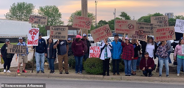 Workers, including many Latinos, have protested Tyson plant closures, such as this one in Van Buren, Arkansas, in April 2023