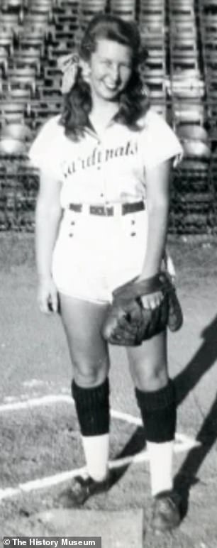 The historic athlete played professional softball for the Chicago Cardinals in the 1950s.  In the photo: Then