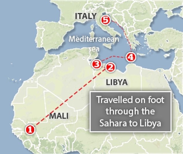 Oumar left his small village near Tambaga in western Mali four months ago.  He then traveled on foot across the Sahara before sailing to Italy