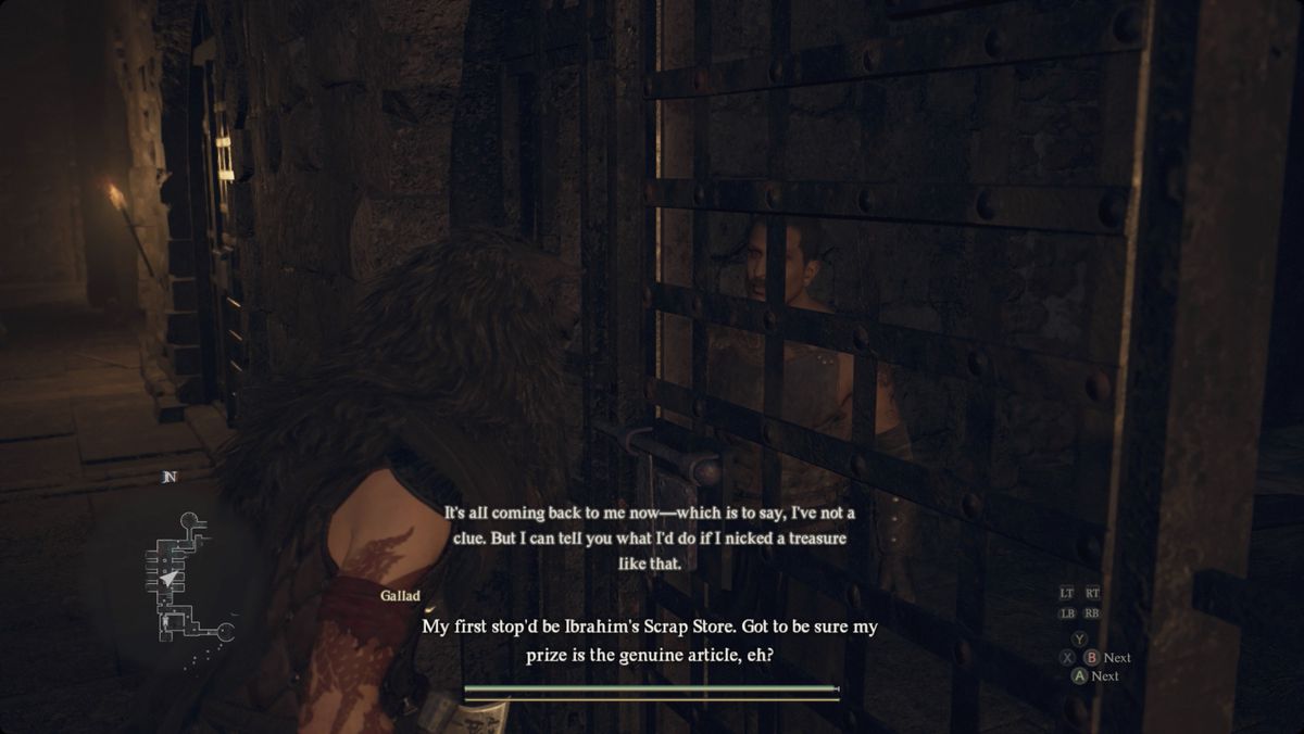 Dragon's Dogma 2 player speaks with an inmate at Vernworth Prison (prison).