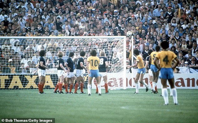 Zico, dressed in 10, scored Brazil's first goal in their 4–1 win over Scotland in the 1982 World Cup