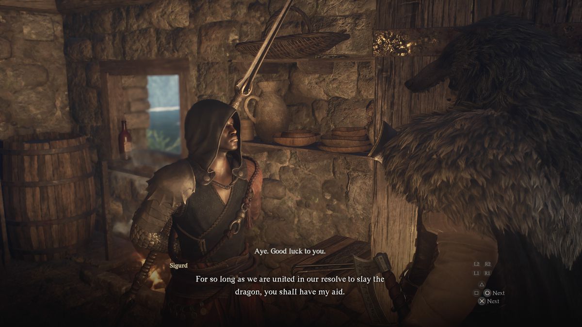 The Arisen speaks to Sigurd at his seaside home in Dragon's Dogma 2