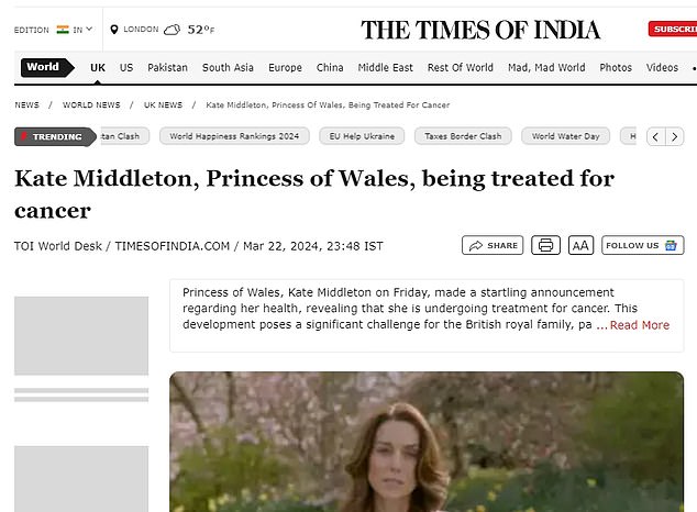 The Times Of India reported Kate's news as its lead story