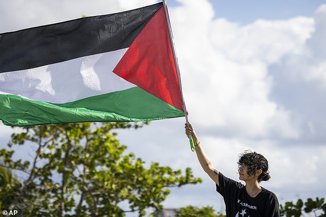 A demonstrator waves a Palestinian flag during a protest against Vice President Kamala Harris' visit to Puerto Rico