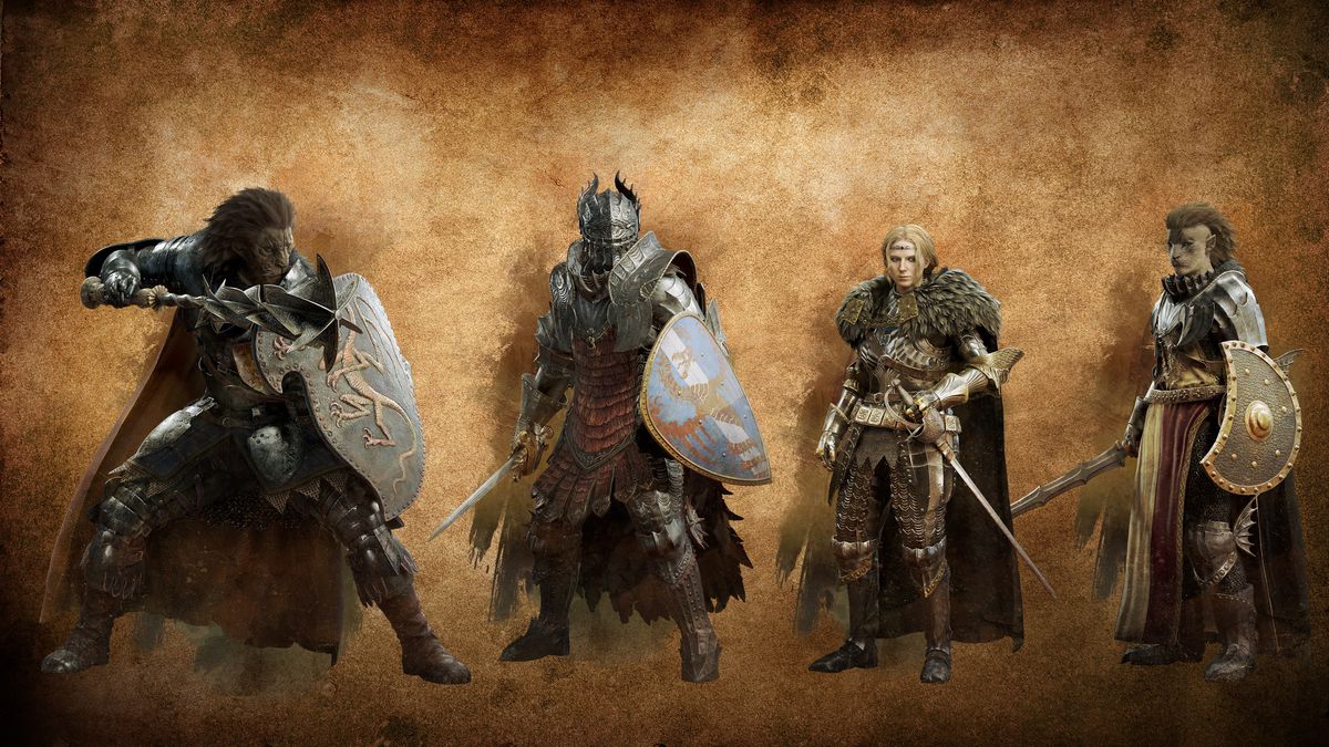 Four warriors are ready to fight with their swords, shields and armor 