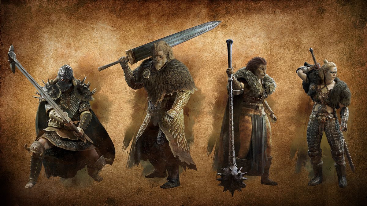 Four warriors hoist huge weapons in Dragon's Dogma 2