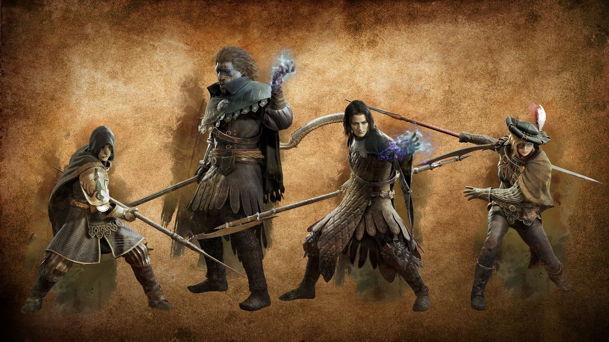 Four Mystic Spearhands swing around their enormous staves in Dragon's Dogma 2