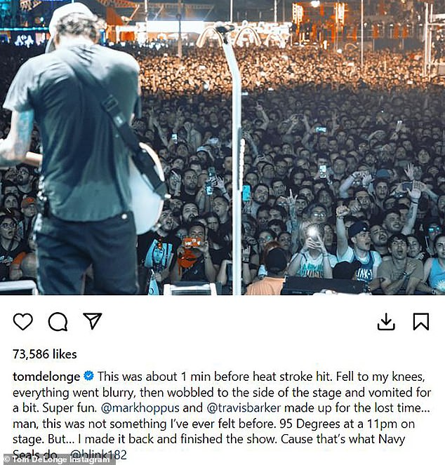 Tom uploaded an Instagram post about the incident on Thursday, including a slightly blurry photo of him on stage just before he became ill