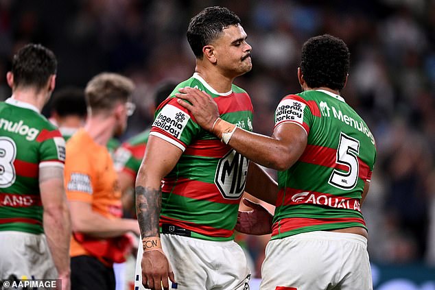 The fight started late in the second half, moments after Rabbitohs fullback Latrell Mitchell was sent to the sin bin (pictured)