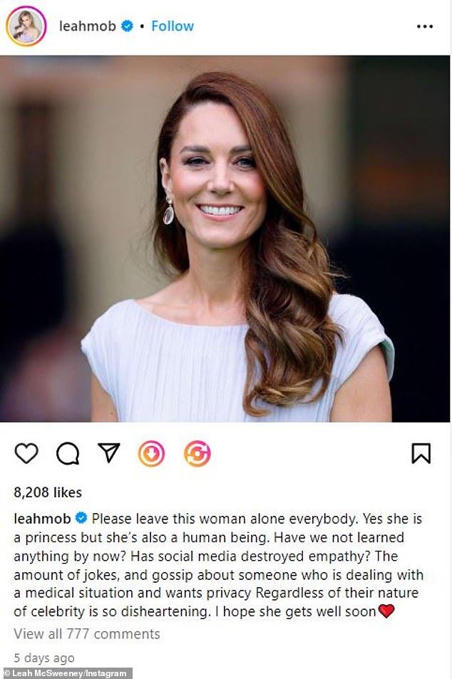 It comes just days after reality TV star Leah posted a photo of Middleton to her Instagram grid, along with a heartfelt caption